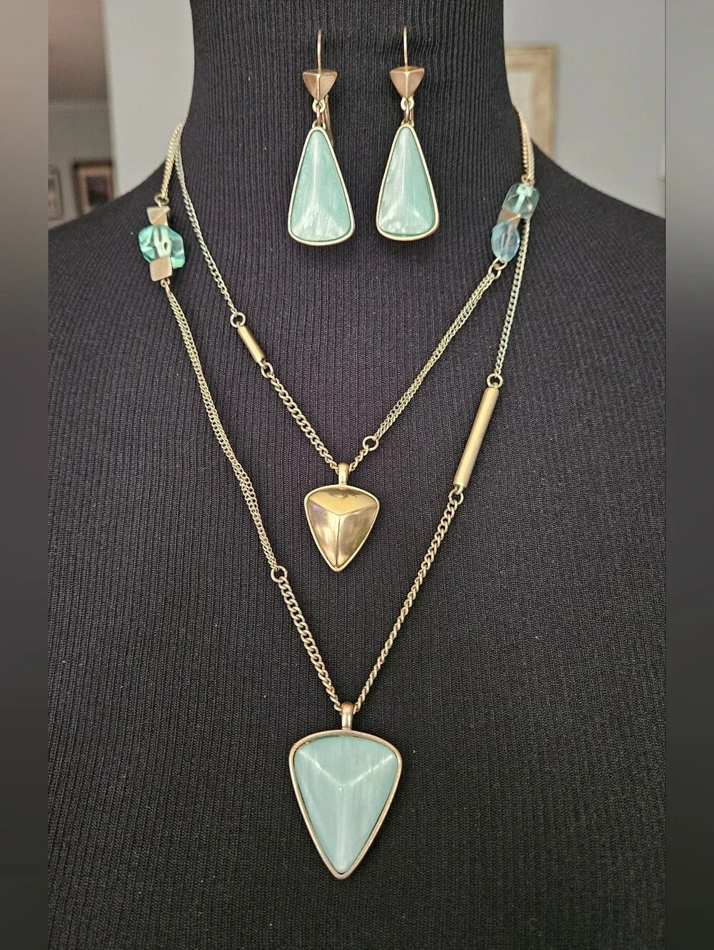 Vintage Kenneth Cole Multi-Layer Chain Necklace and Earrings Set Sea Foam Green